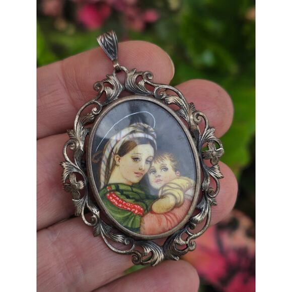 Vintage Italian Ornate 800 Silver Mother & Child Portrait Brooch / Pin /Pendant - Picture 3 of 6